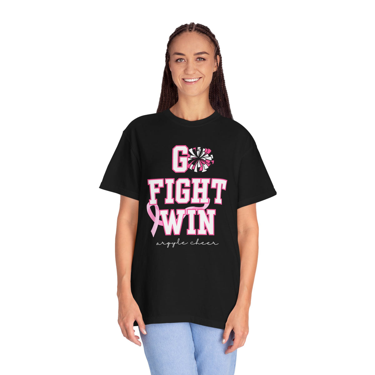 Breast Cancer Awareness Cheerleader Custom T-Shirt — "Go Fight Win" Pink Ribbon