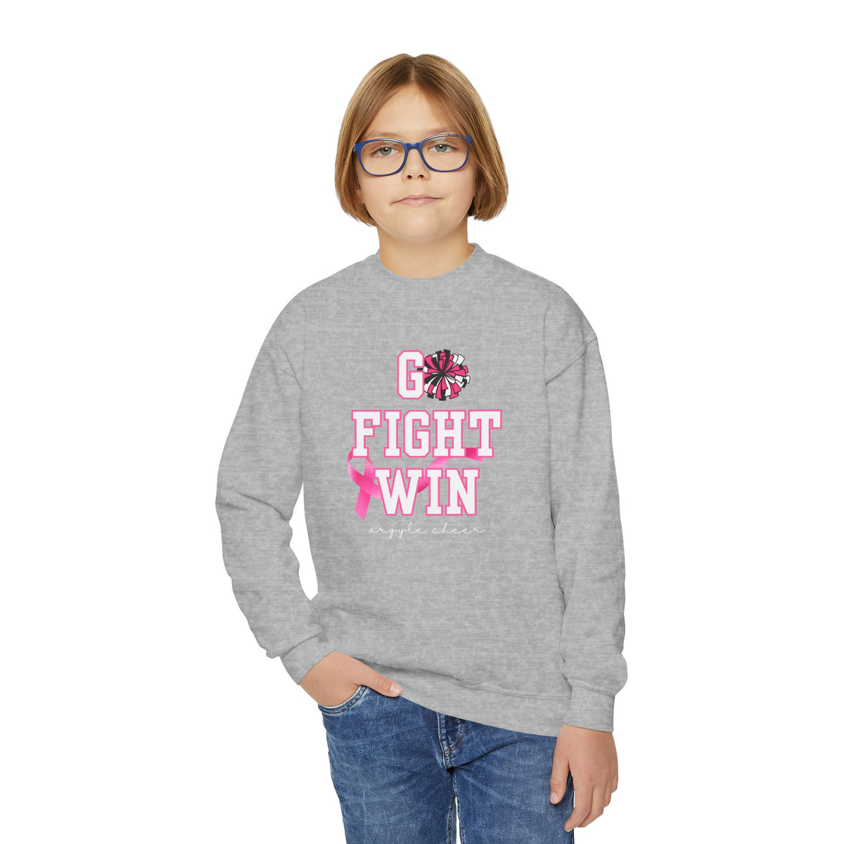 Custom Youth Crewneck Sweatshirt | "Go Fight Win" Pink Ribbon Breast Cancer Awareness