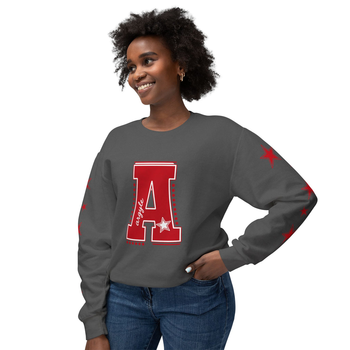 Red Varsity 'A' Crewneck Sweatshirt — Star Sleeve Letterman Pullover