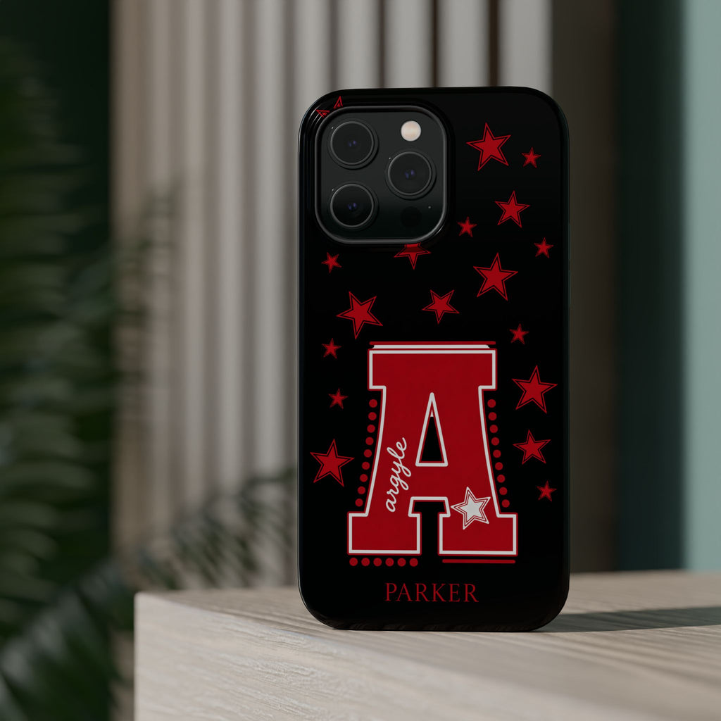 Personalized Initial Phone Case — Red Varsity 'A' with Stars (Magnetic Impact-Resistant)