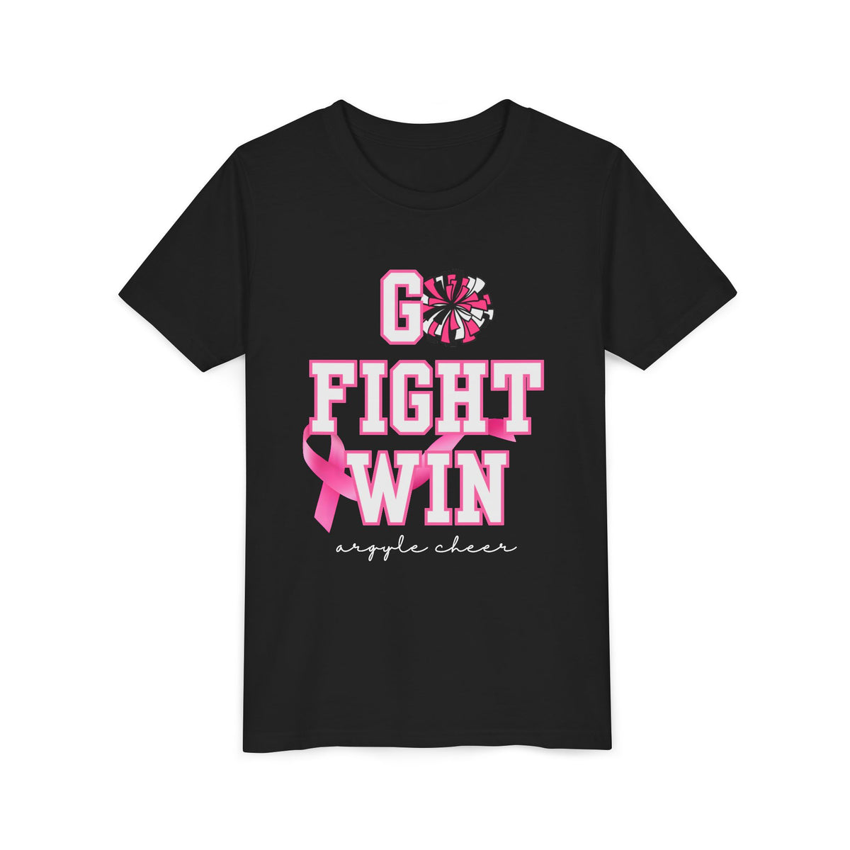 YOUTH  — Go Fight Win Pink Ribbon Cheerleader Shirt (Custom Name)