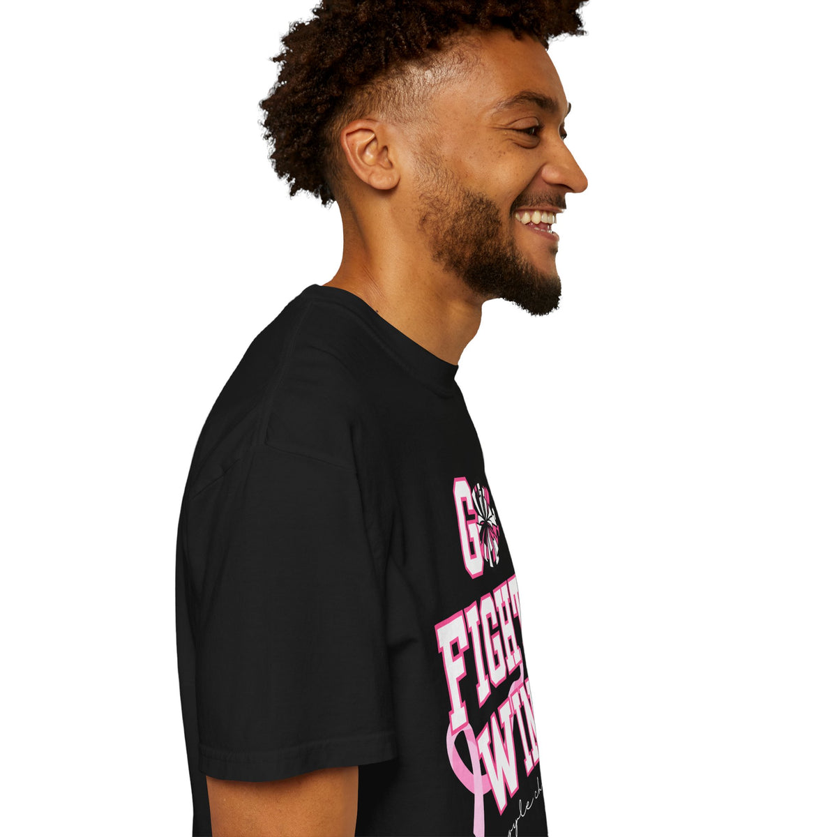Breast Cancer Awareness Cheerleader Custom T-Shirt — "Go Fight Win" Pink Ribbon