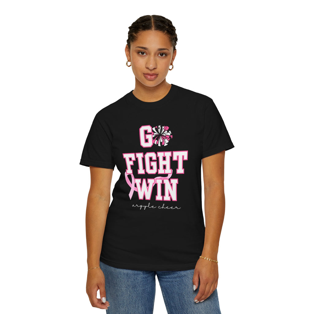 Breast Cancer Awareness Cheerleader Custom T-Shirt — "Go Fight Win" Pink Ribbon
