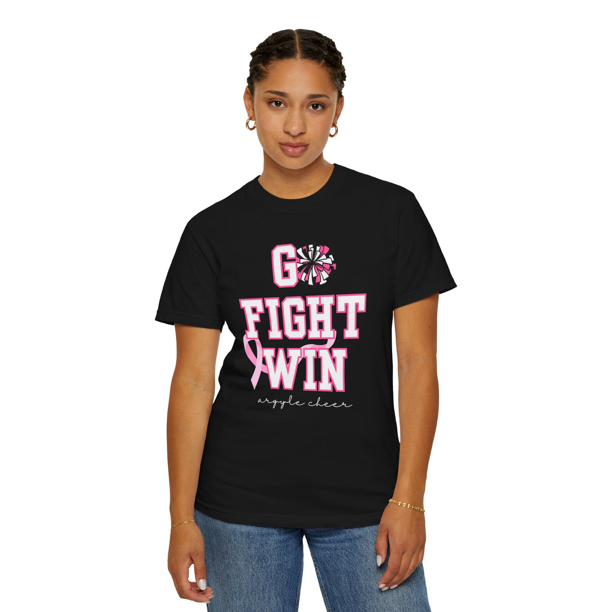 Breast Cancer Awareness Cheerleader Custom T-Shirt — "Go Fight Win" Pink Ribbon