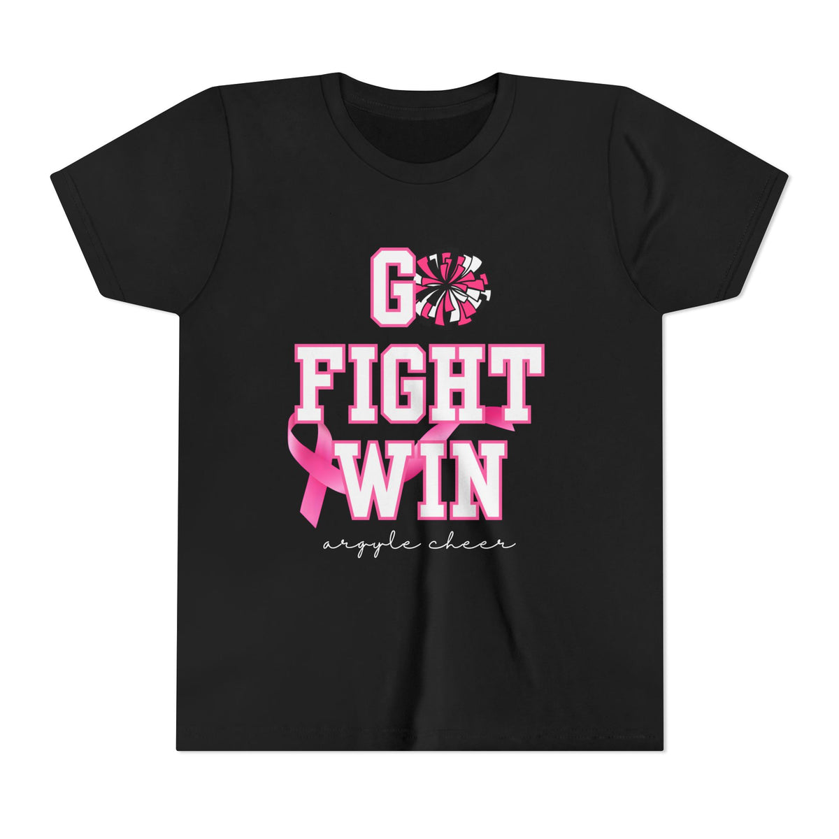 YOUTH  — Go Fight Win Pink Ribbon Cheerleader Shirt (Custom Name)