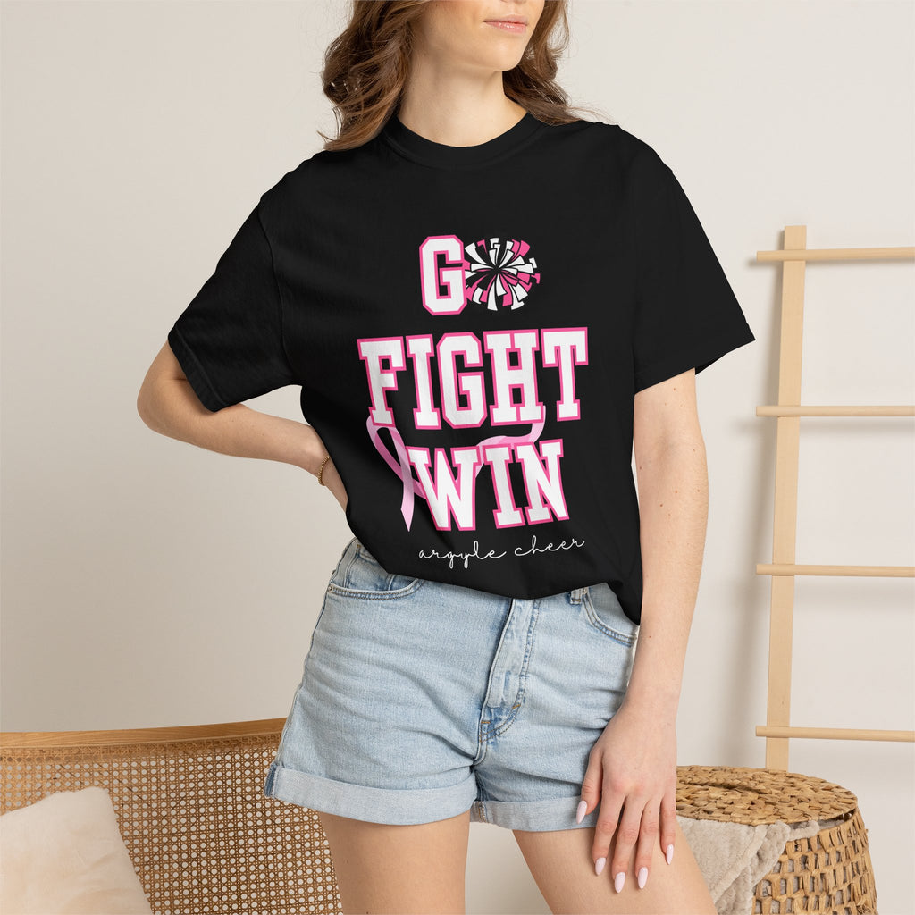 Breast Cancer Awareness Cheerleader Custom T-Shirt — "Go Fight Win" Pink Ribbon