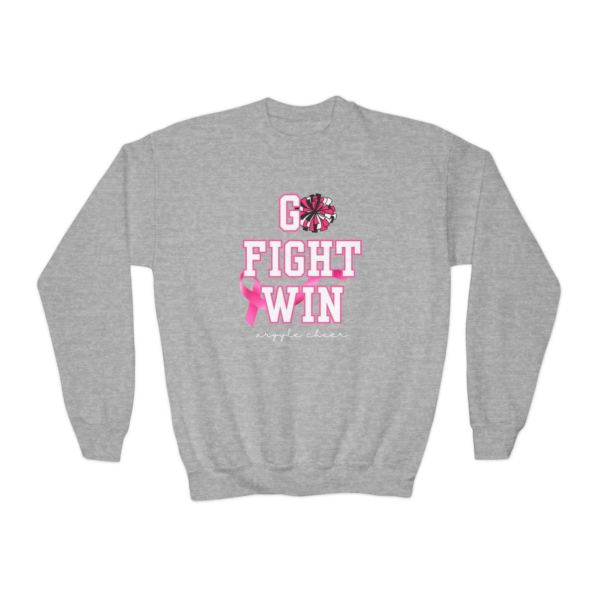Custom Youth Crewneck Sweatshirt | "Go Fight Win" Pink Ribbon Breast Cancer Awareness