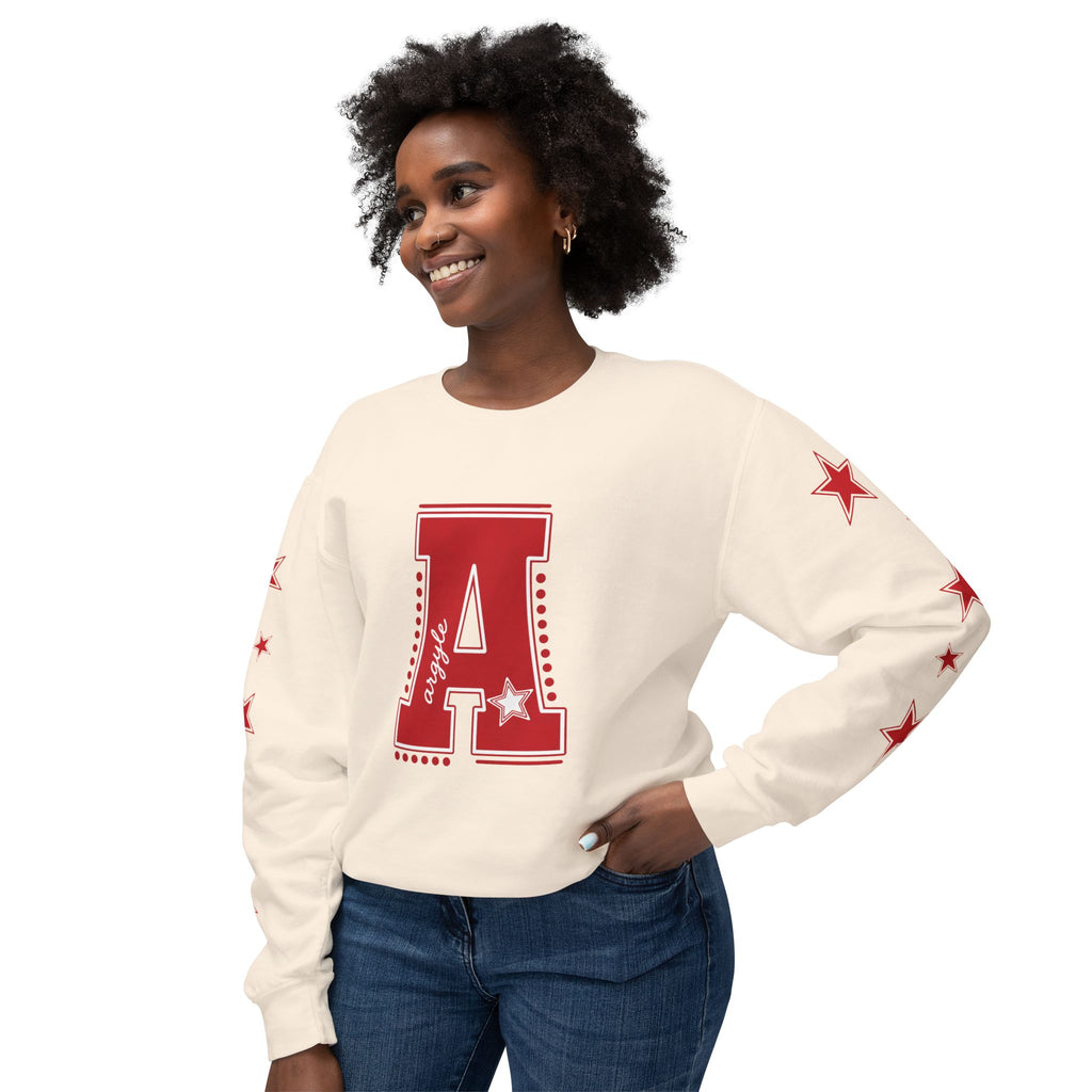 Red Varsity 'A' Crewneck Sweatshirt — Star Sleeve Letterman Pullover