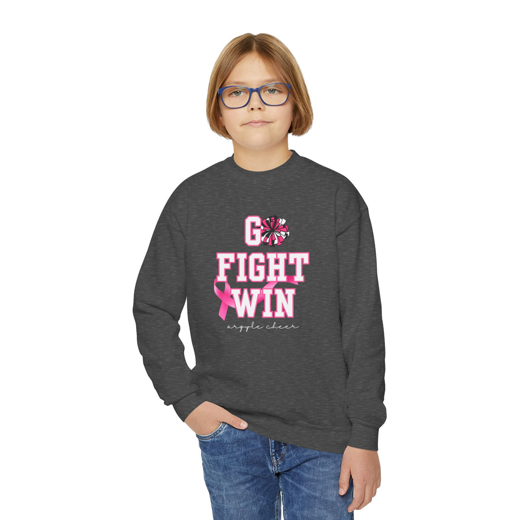 Custom Youth Crewneck Sweatshirt | "Go Fight Win" Pink Ribbon Breast Cancer Awareness