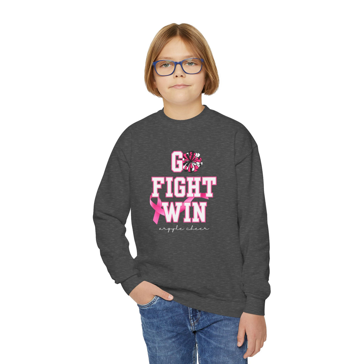 Custom Youth Crewneck Sweatshirt | "Go Fight Win" Pink Ribbon Breast Cancer Awareness