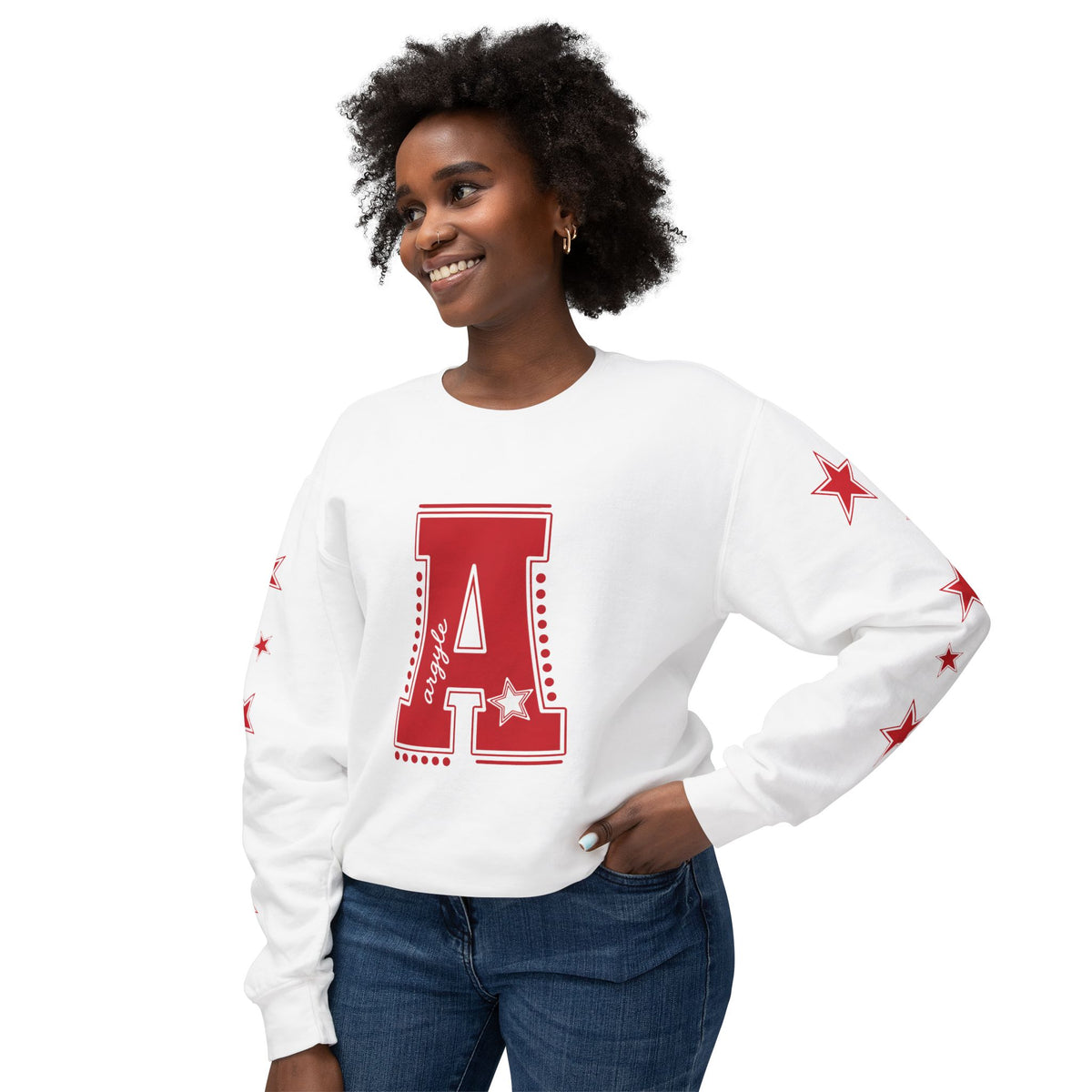 Red Varsity 'A' Crewneck Sweatshirt — Star Sleeve Letterman Pullover