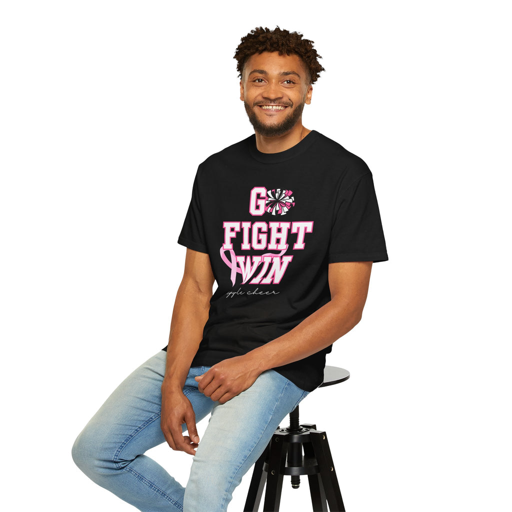 Breast Cancer Awareness Cheerleader Custom T-Shirt — "Go Fight Win" Pink Ribbon