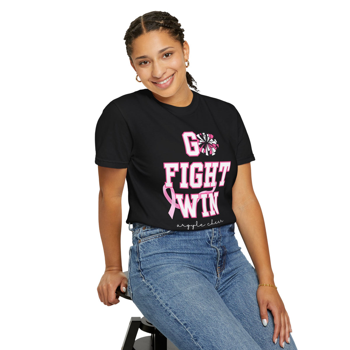 Breast Cancer Awareness Cheerleader Custom T-Shirt — "Go Fight Win" Pink Ribbon