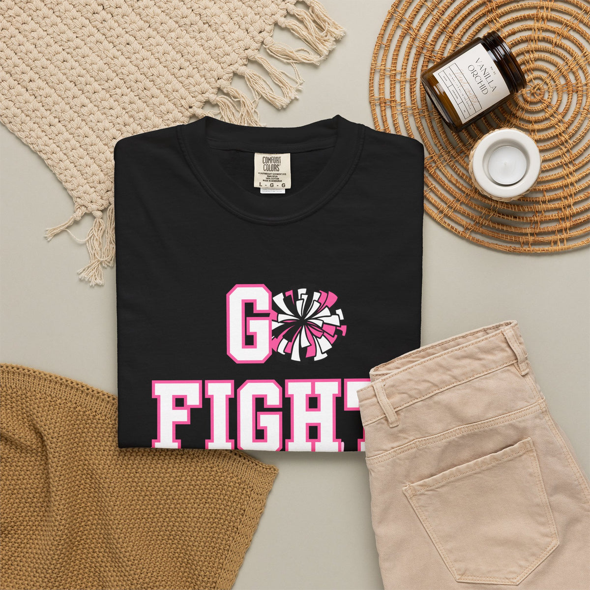 Breast Cancer Awareness Cheerleader Custom T-Shirt — "Go Fight Win" Pink Ribbon