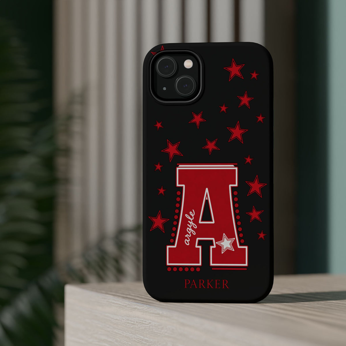 Personalized Initial Phone Case — Red Varsity 'A' with Stars (Magnetic Impact-Resistant)