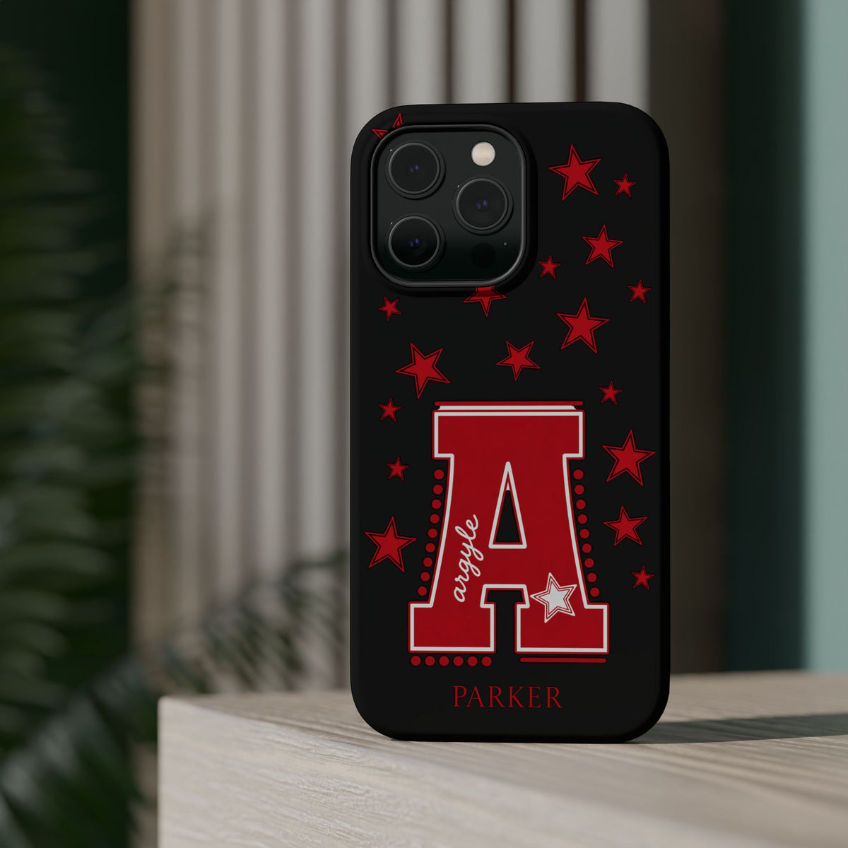 Personalized Initial Phone Case — Red Varsity 'A' with Stars (Magnetic Impact-Resistant)