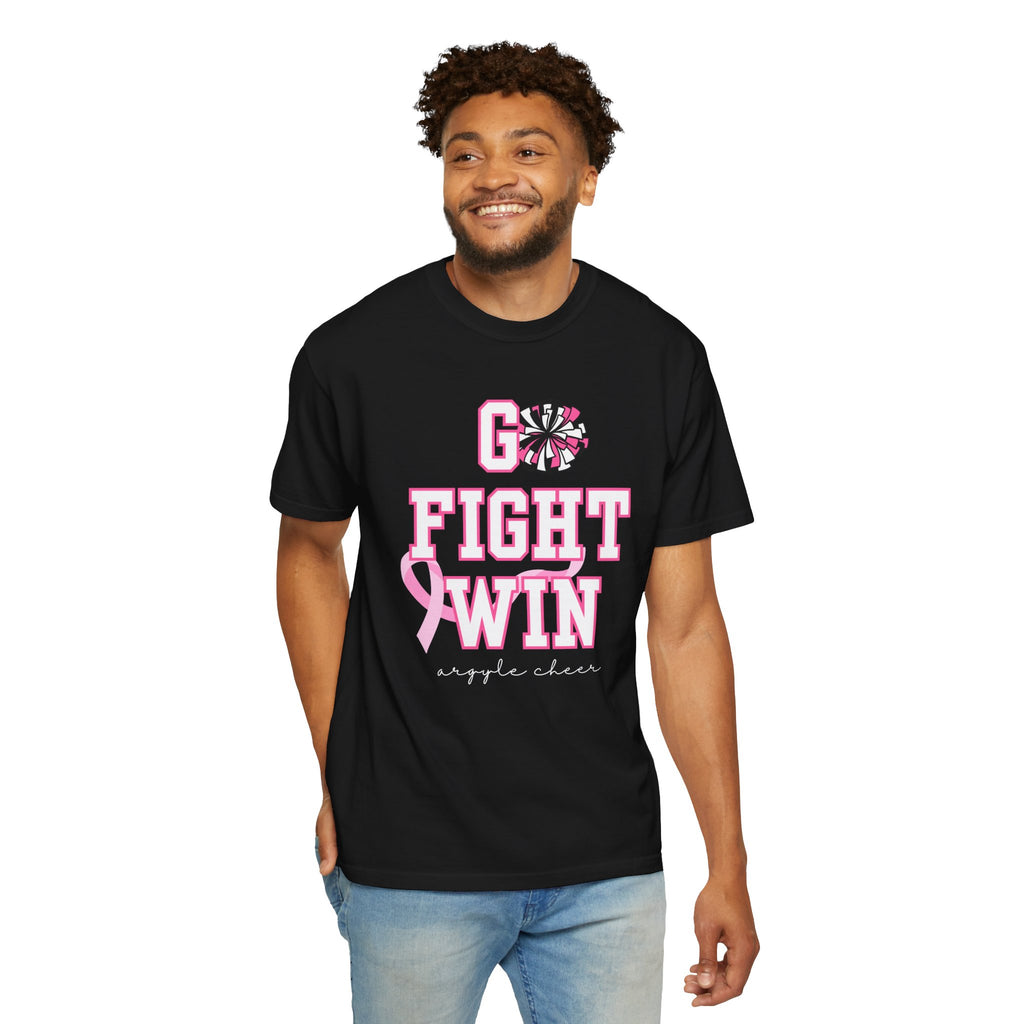 Breast Cancer Awareness Cheerleader Custom T-Shirt — "Go Fight Win" Pink Ribbon