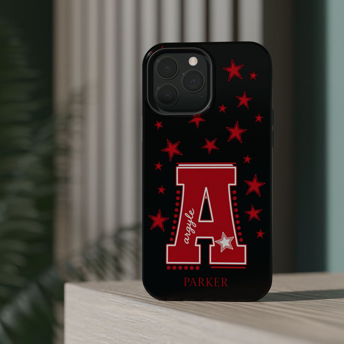 Personalized Initial Phone Case — Red Varsity 'A' with Stars (Magnetic Impact-Resistant)