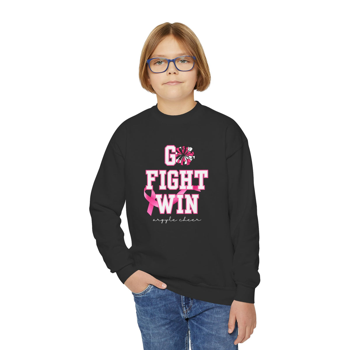 Custom Youth Crewneck Sweatshirt | "Go Fight Win" Pink Ribbon Breast Cancer Awareness